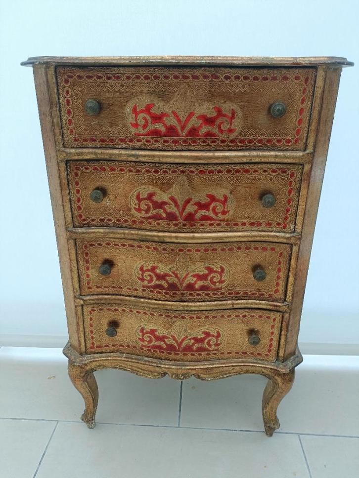 Venitiaans rood/goudkleurig ladenkastje, vintage meubel, Antiek en Kunst, Antiek | Meubels | Kasten, Ophalen