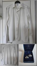Wit ceremoniehemd voor heren/zilveren manchetknopen, Kleding | Heren, Wit, Ophalen of Verzenden, Zo goed als nieuw, Halswijdte 41/42 (L)