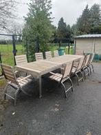 Tafel met 10 stoelen in Inox en teak, Tuin en Terras, Ophalen, Gebruikt