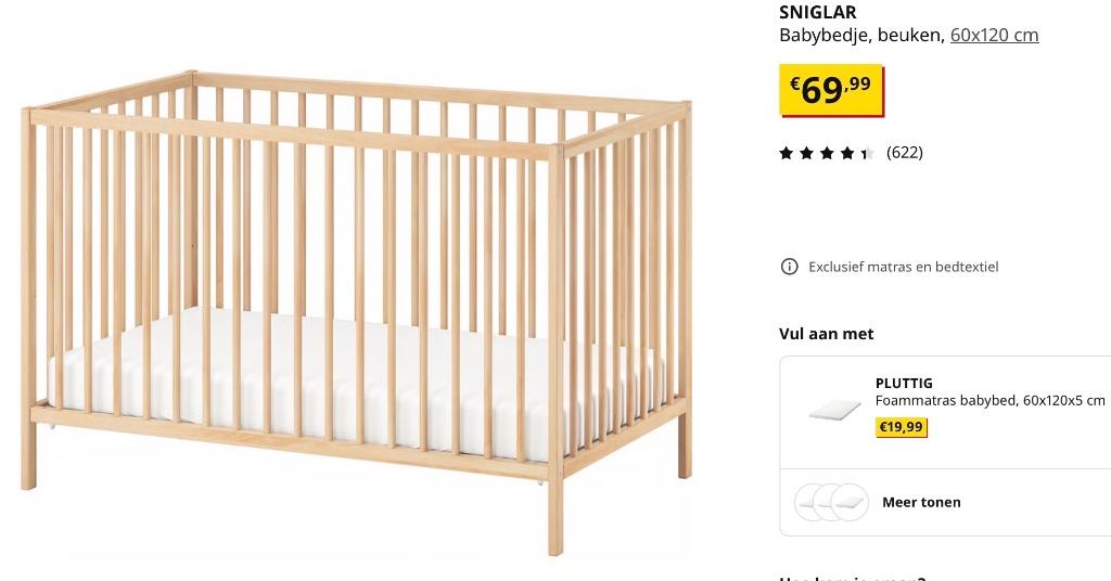 Ikea Babybedje SNIGLAR, beuken, 60x120 cm, met matras, Ophalen, Zo goed als nieuw, Overige typen