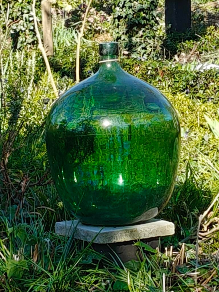 Dame Jeanne, groene wijnfles, buikfles. H: 65 cm Turnhout., Tuin en Terras, Tuinvazen, Ophalen