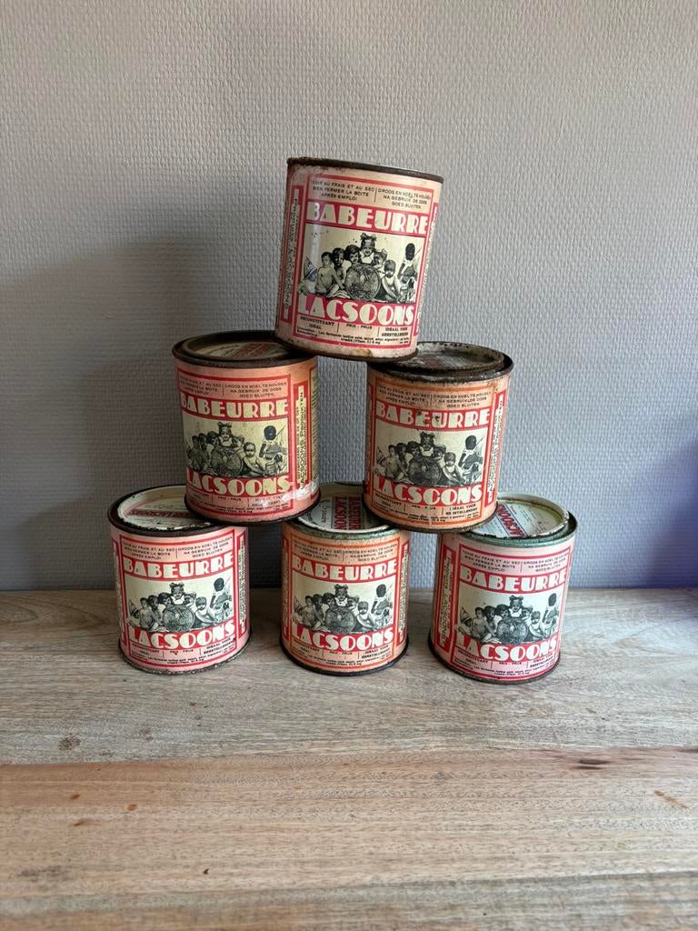 6 boîtes de nourriture pour bébés Lacsoons datant de 1941, Collections, Boîte en métal, Enlèvement ou Envoi, Utilisé, Autre, Autres marques