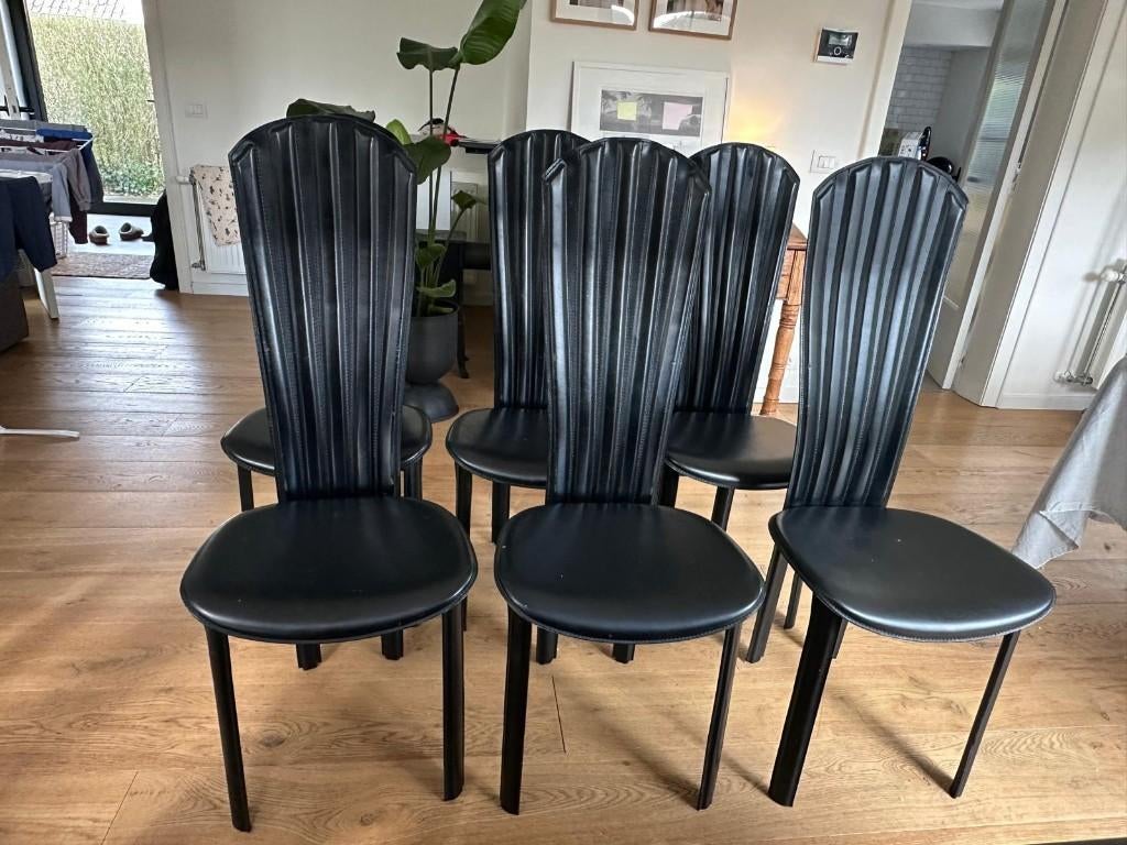 6 zwartleren stoelen, Huis en Inrichting, Stoelen, Ophalen, Gebruikt, Leer, divers, Zwart