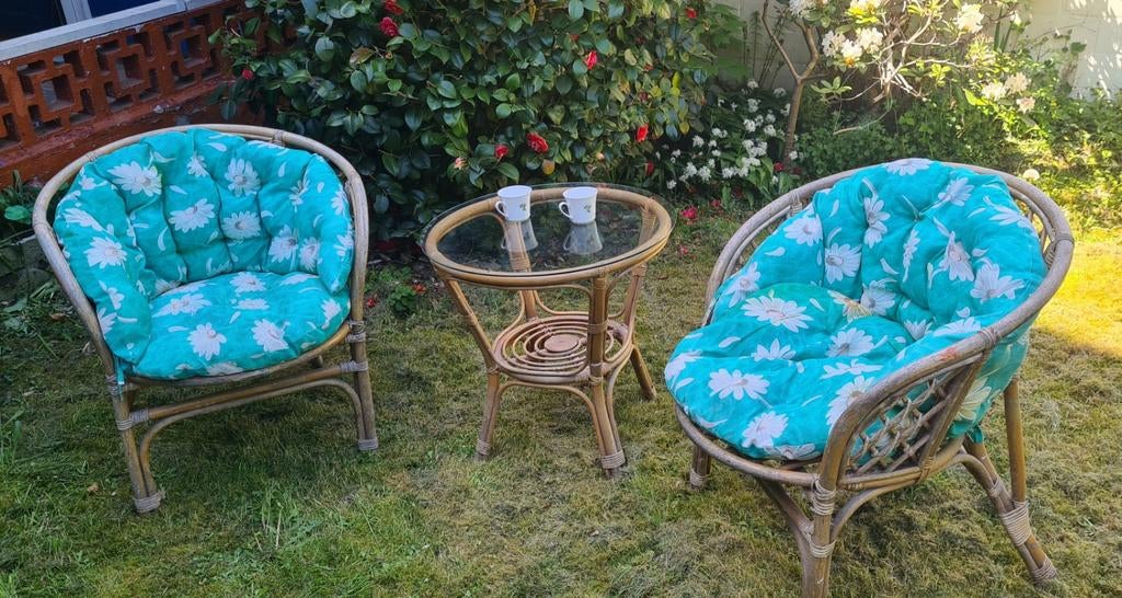 2 chaise en rotin et 1 table basse vintage  verre /rotin, Jardin & Terrasse, Enlèvement