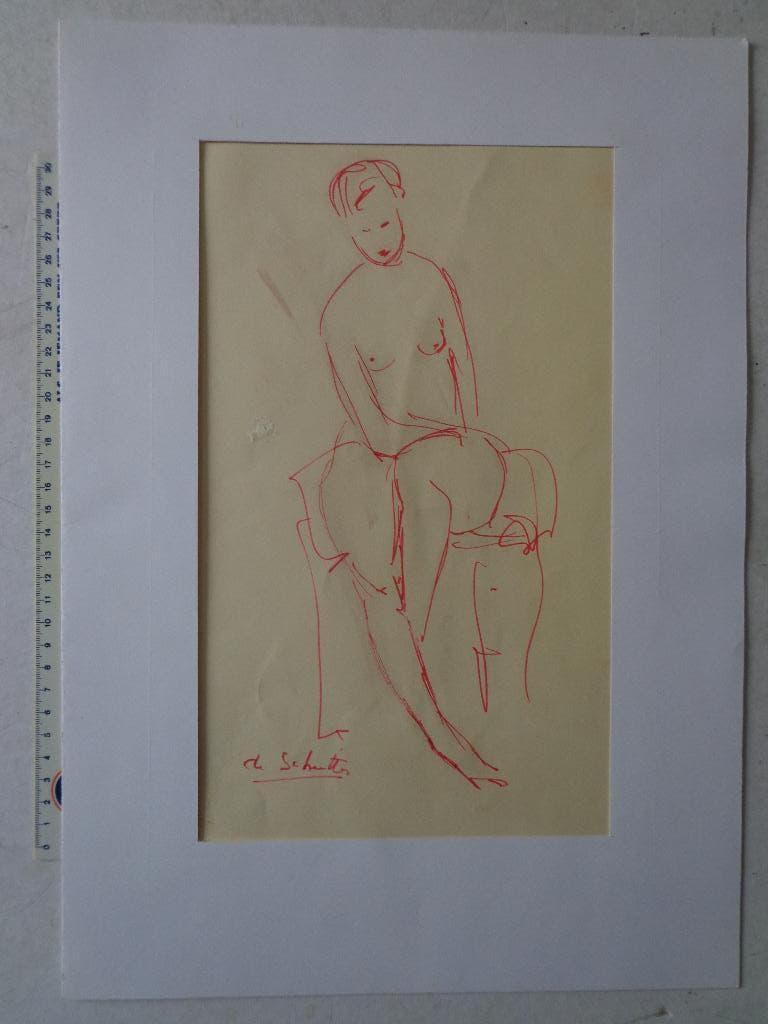 tekening in het rood van Jan De Schutter "Zittend naakt", Ophalen of Verzenden