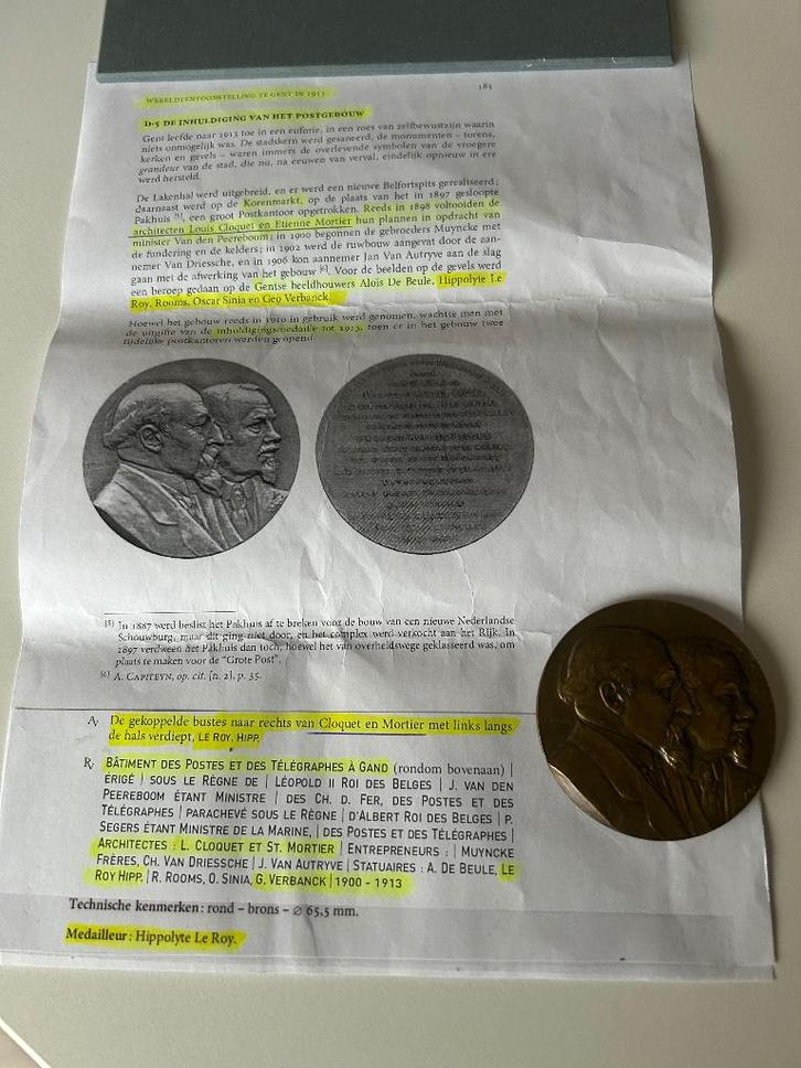 Bronzen zeldzame medaille Gent - Cloquet & Mortier architect, Antiek en Kunst, Curiosa en Brocante, Ophalen of Verzenden