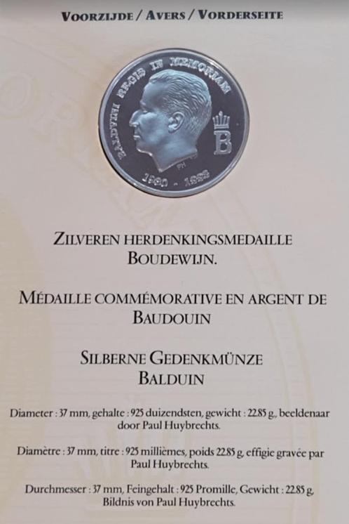 Zilveren .925 herinneringsmedaille Boudewijn 1930-1993 FDC, Postzegels en Munten, Munten | België, Losse munt, Zilver, Ophalen of Verzenden