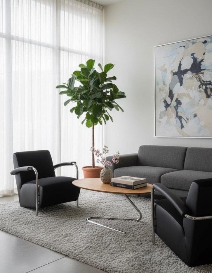 Leolux set - 2 fauteuils met bijzettafel, Huis en Inrichting, Fauteuils, Zo goed als nieuw, Kunststof, Leer, Metaal, Ophalen