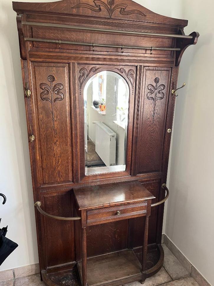 Porte-manteaux en bois avec miroir, Huis en Inrichting, Woonaccessoires | Kapstokken, Gebruikt, Staande kapstok, 200 cm of meer