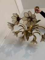 Vintage messing luster met bloemvormige glazen kappen, Ophalen, Zo goed als nieuw, Glas, Messing / Vintage / Design