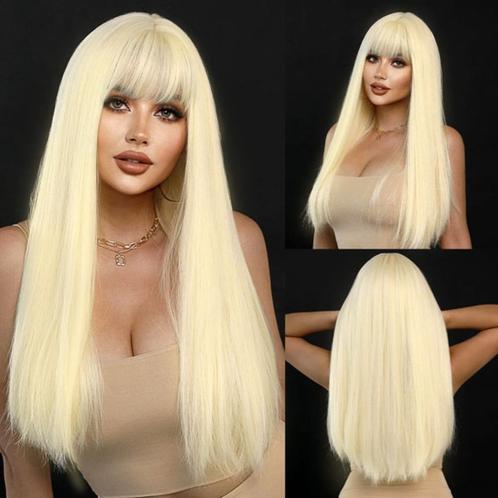 Luxe blonde Lady Gaga pruik lang steil haar model met pony, Handtassen en Accessoires, Uiterlijk | Haarverzorging, Nieuw, Pruik of Haarverlenging