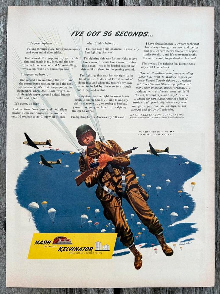 US WO2 advertentie NASH KELVIN. met parachutisten, airborne, Verzamelen, Militaria | Tweede Wereldoorlog, Ophalen of Verzenden