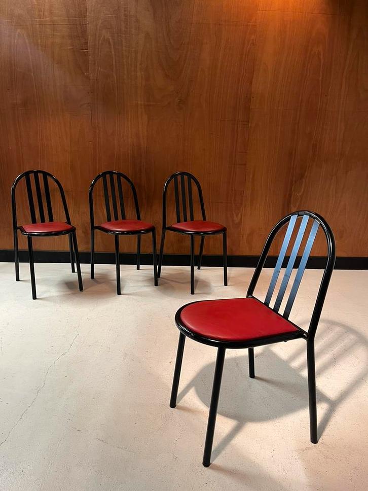 4 chaises cuir et acier, design Robert Mallet Stevens 1980, Huis en Inrichting, Stoelen, Gebruikt, Leer, Zwart, Ophalen