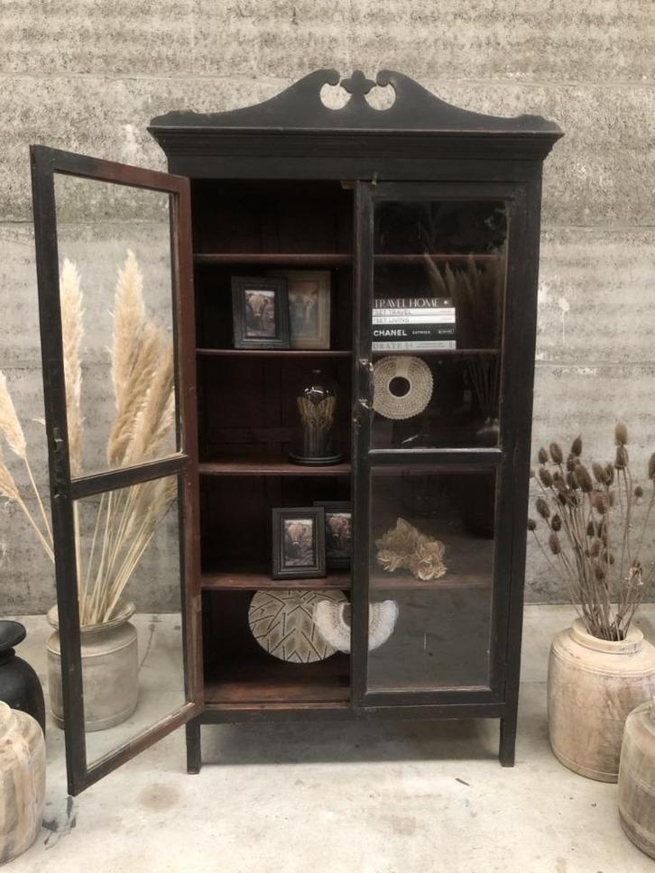 Prachtige antieke vitrinekast met oud gebobbeld glas, Huis en Inrichting, Kasten | Vitrinekasten, Zo goed als nieuw, 200 cm of meer