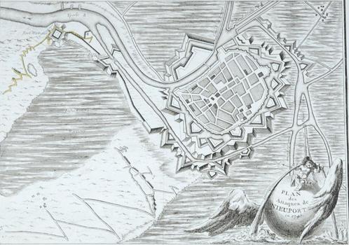 Kaart van Nieuwpoort uit 1745 (originele gravure), Antiek en Kunst, Kunst | Etsen en Gravures, Ophalen of Verzenden