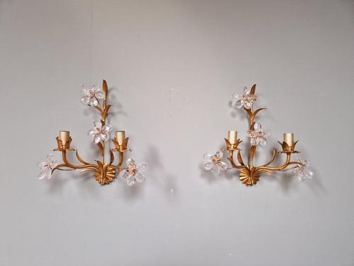 Paar Italiaanse wandkandelaars in verguld metaal, 1970, Antiek en Kunst, Antiek | Verlichting, Ophalen of Verzenden