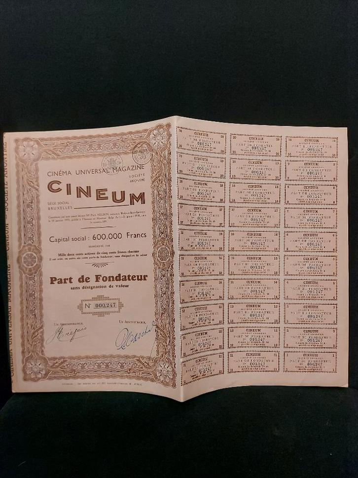 Vintage aandeel Belgisch cinema magazine "Cineum", 1935, Antiquités & Art, Curiosités & Brocante, Enlèvement ou Envoi