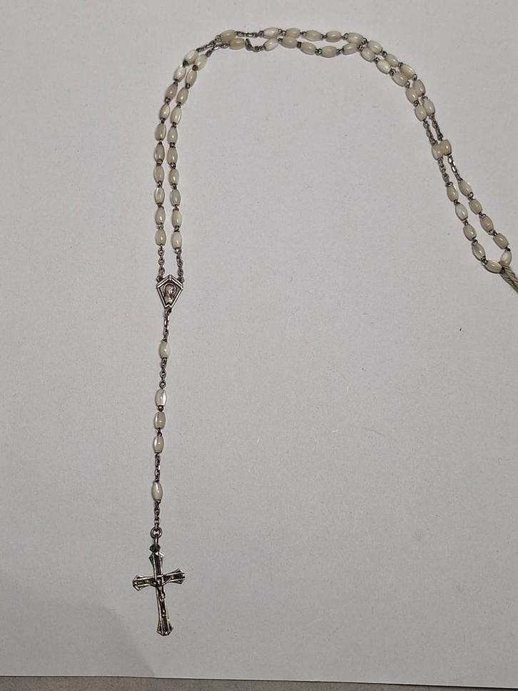 Antiek Sterling zilveren rozenkrans ketting met parelmoer, Antiek en Kunst, Antiek | Zilver en Goud, Zilver, Ophalen of Verzenden