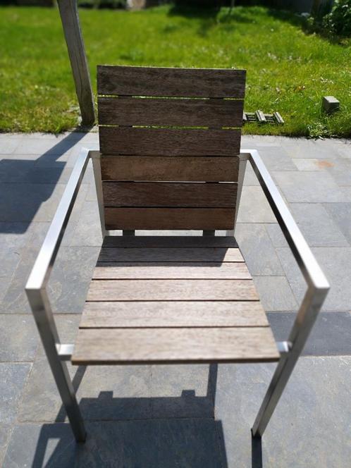 Tuinstoelen in Inox en hardhout 10 stuks, Jardin & Terrasse, Chaises de jardin, Utilisé, Inox, Empilable, Enlèvement