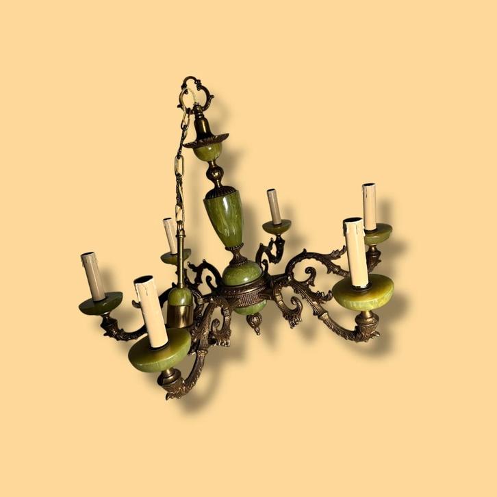 Vintage Kroonluchter Brons & Groen Onyx, Huis en Inrichting, Lampen | Kroonluchters, Gebruikt, Overige materialen, Ophalen of Verzenden