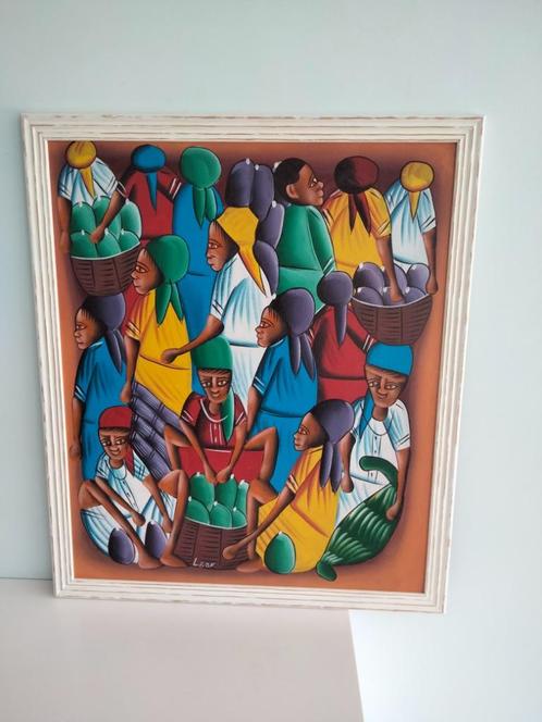 1970s etnische kunst schilderij Haïti Leon olieverf op board, Antiek en Kunst, Kunst | Niet-Westerse kunst, Ophalen of Verzenden