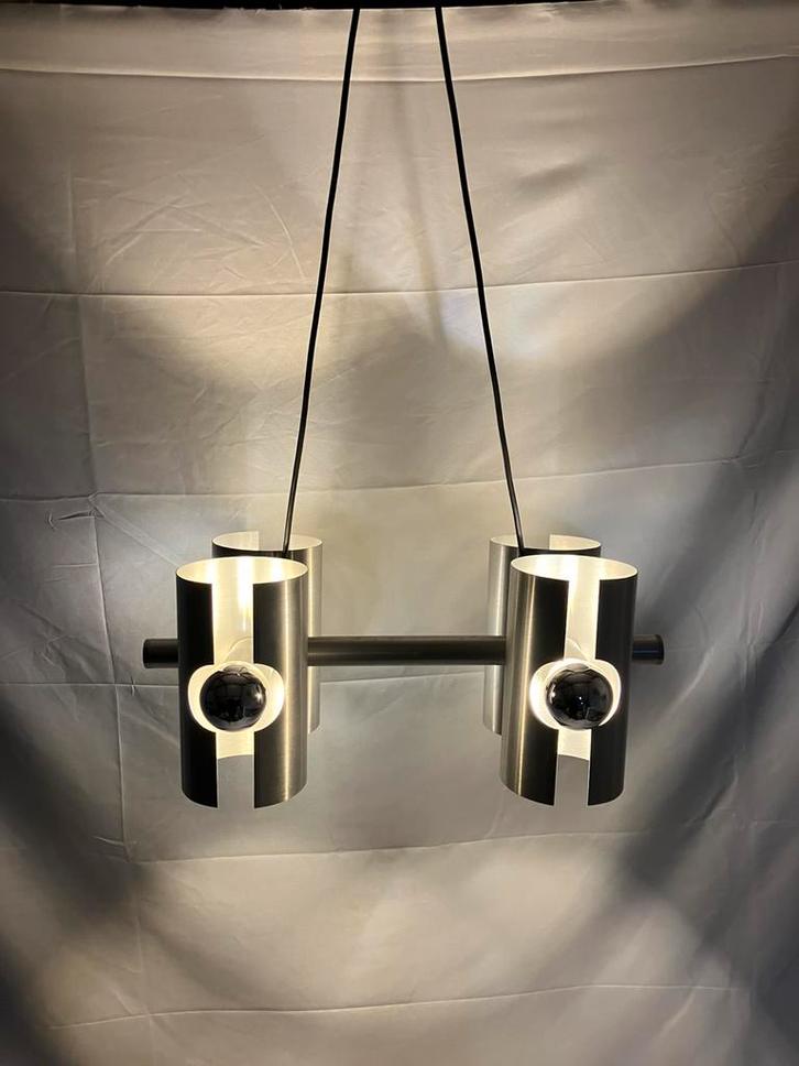 Vintage space age hanglamp, Polam, geborsteld aluminium, Huis en Inrichting, Lampen | Plafondlampen, Zo goed als nieuw, Ophalen of Verzenden