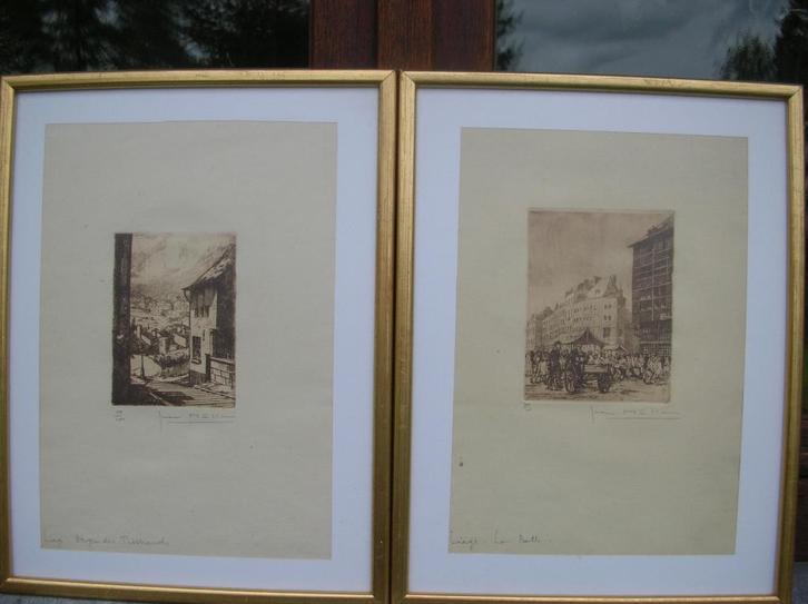 3 P/ GESIGNEERD JEAN MULLER UITZICHT OP LUIK 40 E OF 50 E, Antiek en Kunst, Kunst | Etsen en Gravures, Ophalen of Verzenden
