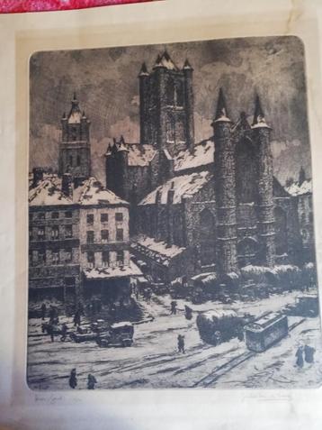 J. Van De Leene, ets; 'Winter in Gent' beschikbaar voor biedingen