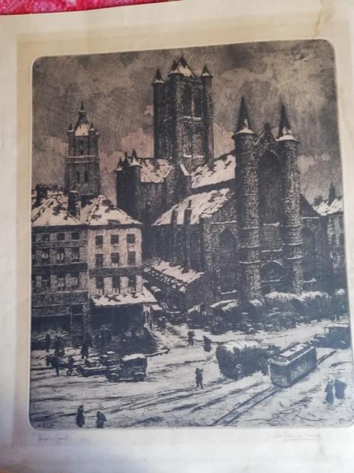 J. Van De Leene, ets; 'Winter in Gent', Antiek en Kunst, Kunst | Etsen en Gravures, Ophalen of Verzenden