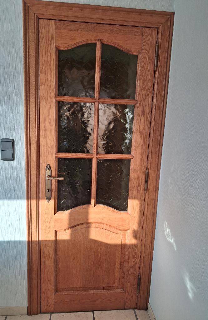 Massief Eiken binnendeur met gekleurd glas. B 72,5 / 2.01 m, Doe-het-zelf en Bouw, Deuren en Vliegenramen, Gebruikt, Binnendeur