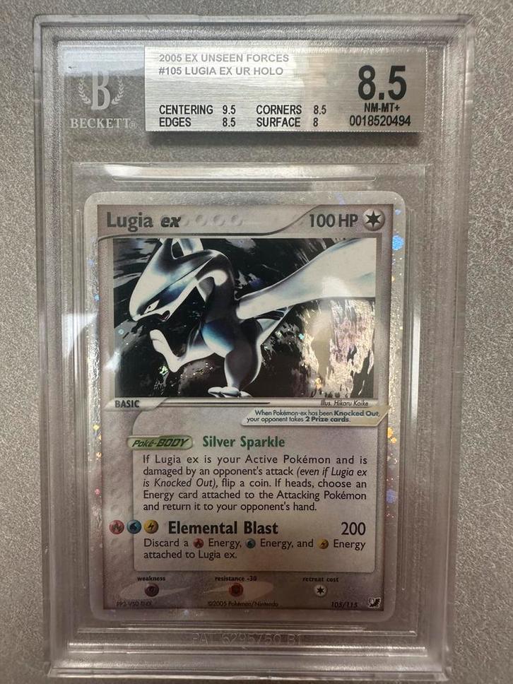 Lugia EX BGS 8,5 Unseen Forces, Hobby en Vrije tijd, Verzamelkaartspellen | Pokémon, Zo goed als nieuw, Ophalen of Verzenden