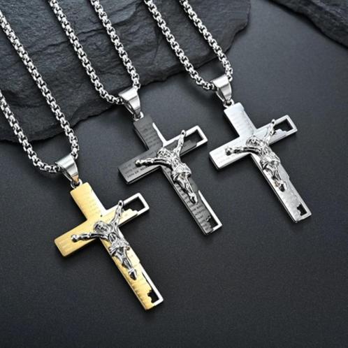 Mooi Jezus kruis met Bijbeltekst verkrijgbaar in 3 kleuren, Bijoux, Sacs & Beauté, Pendentifs, Neuf, Autres matériaux, Or, Croix ou Symbole