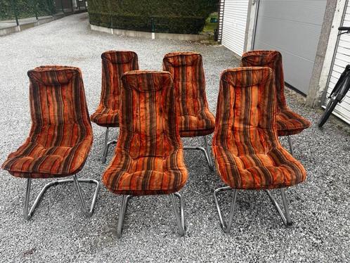 6 x Vintage '60 Stoelen, Huis en Inrichting, Stoelen, Gebruikt, Vijf, Zes of meer stoelen, Metaal, Stof, Bruin, Ophalen