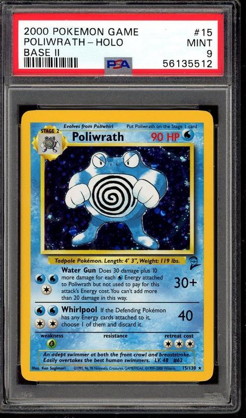 Poliwrath Holo PSA 9 - 15/130 - Base Set 2 2000, Hobby en Vrije tijd, Verzamelkaartspellen | Pokémon, Zo goed als nieuw, Losse kaart