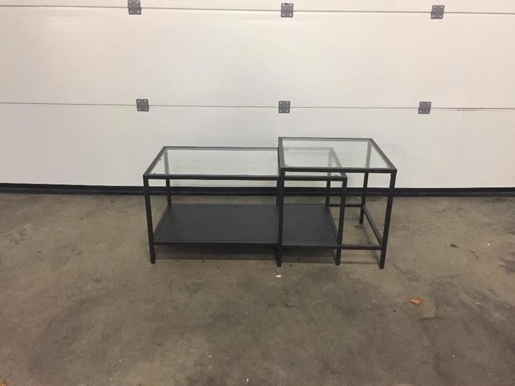 (9) Set salontafels zwart metaal met glas., Huis en Inrichting, Tafelonderdelen, Zo goed als nieuw, Glas, Ophalen