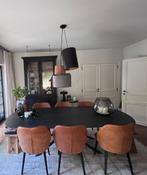 tafelstoelen in bruin natuurleder met zwarte eiken poten, Huis en Inrichting, Stoelen, Ophalen, Gebruikt, Bruin, Hout