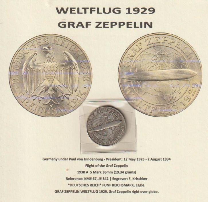 Muntstuk 5 Mark 1929, vlucht Graf Zeppelin, Postzegels en Munten, Munten | Europa | Niet-Euromunten, Losse munt, Duitsland, Verzenden