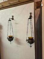 •	2 Vintage wandlampen bronskleurig met glazen olielamp, Enlèvement