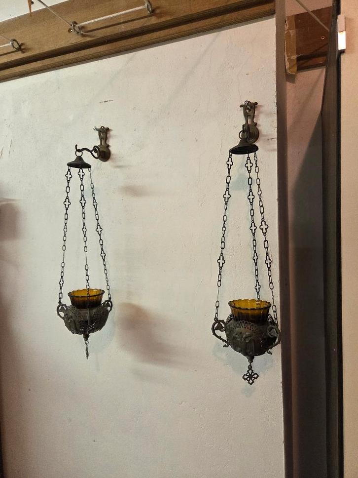 •	2 Vintage wandlampen bronskleurig met glazen olielamp, Antiek en Kunst, Antiek | Verlichting, Ophalen