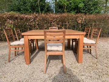 luxe Teak Tuin/Terras set Tafel 150x150 5 cm dik + 6 stoelen