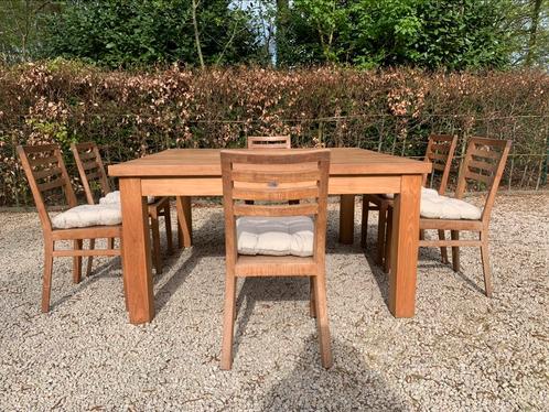 luxe Teak Tuin/Terras set Tafel 150x150 5 cm dik + 6 stoelen, Jardin & Terrasse, Ensembles de jardin, Enlèvement ou Envoi