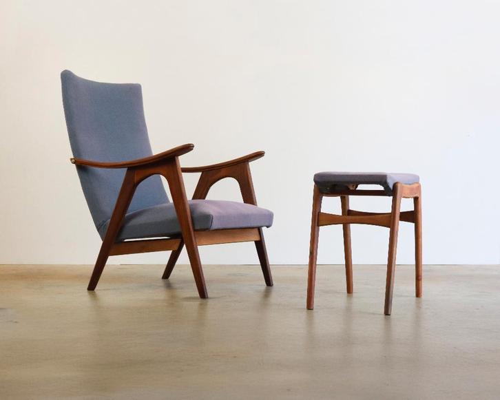 Chaise longue et tabouret Louis van Teeffelen?, Maison & Meubles, Fauteuils, Utilisé, Bois, Tissus, 50 à 75 cm, Moins de 75 cm