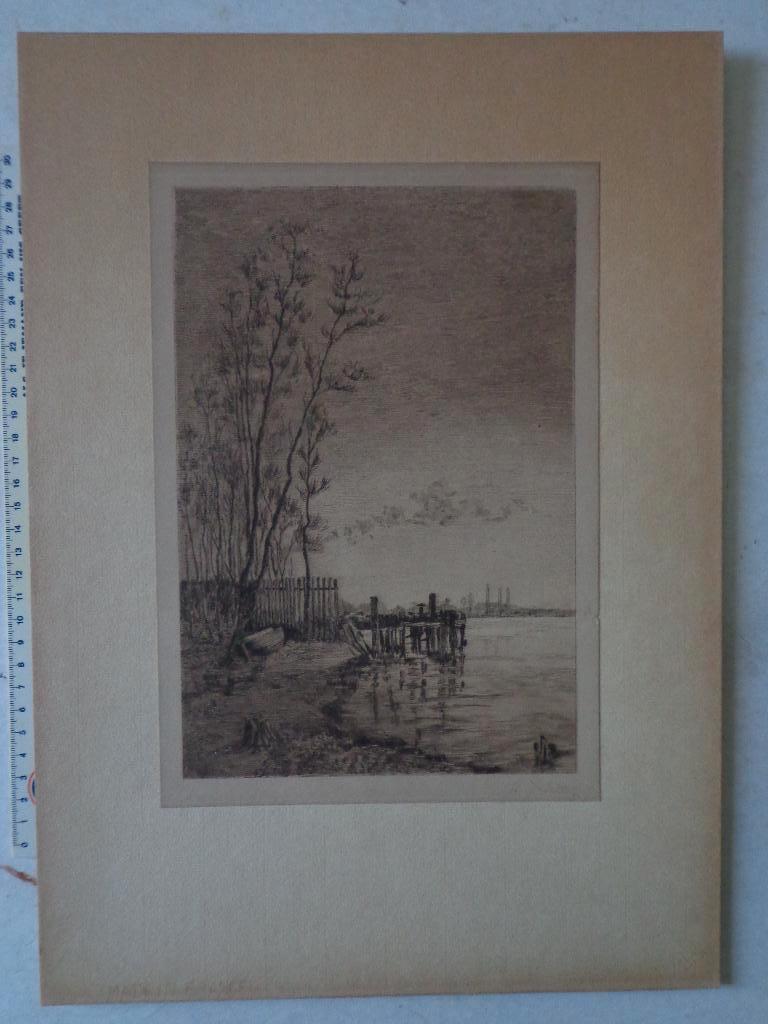ets van Jules Guiette "Pier in een rivier", 1800 - 1899, Ets, Ophalen of Verzenden, Gesigneerd