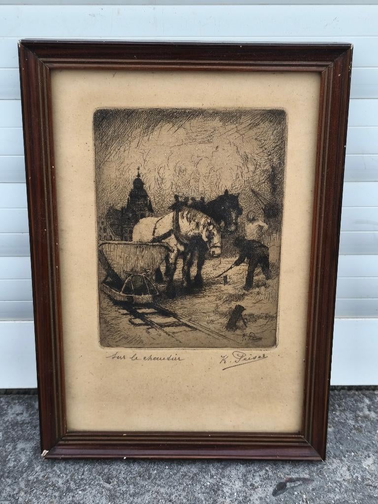Gravure sur le chantier signe Kurt peiser, Antiek en Kunst, Kunst | Etsen en Gravures, Ophalen of Verzenden, Gravure