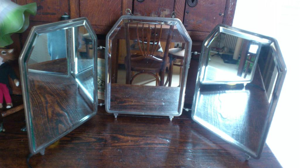 Triptyque, miroir de barbier à volets, ancien, 30's art déco, Enlèvement ou Envoi, Rectangulaire, 50 à 100 cm, Moins de 100 cm