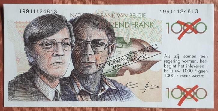 BELGIË: VERKIEZINGSPAMFLET SPOTBILJET 1000 FRANK / VERHOFSTA, Postzegels en Munten, Bankbiljetten | België, Los biljet, Verzenden