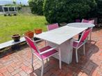 Tuinset Tafel in marmer design 240x80 +Stoelen +Parasol, Gebruikt, Bijzettafel, Ophalen of Verzenden, 8 zitplaatsen
