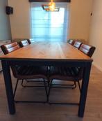 Industriële eiken eettafel met 6 cognac leren stoelen, Huis en Inrichting, Tafels | Eettafels, Ophalen, Zo goed als nieuw