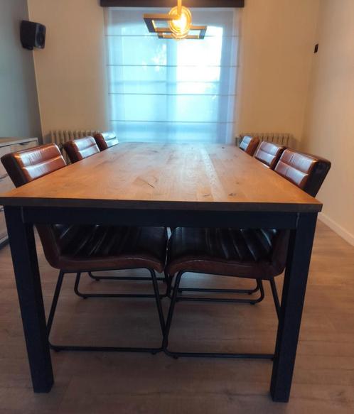 Industriële eiken eettafel met 6 cognac leren stoelen, Huis en Inrichting, Tafels | Eettafels, Zo goed als nieuw, Ophalen