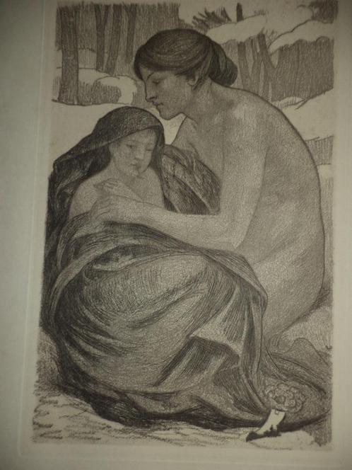 Emile Berchmans Luik antieke ets vernis mou La Charité, Antiek en Kunst, Kunst | Etsen en Gravures, Ophalen of Verzenden